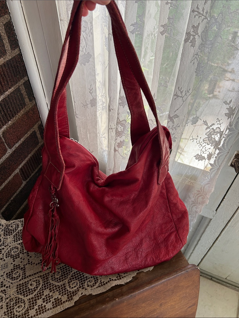 Everyday Red Leather-Look Shoulder Bag with Tassel Accent